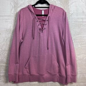 Ideology Pink V-Neck Hoodie with Lace-Up Detail